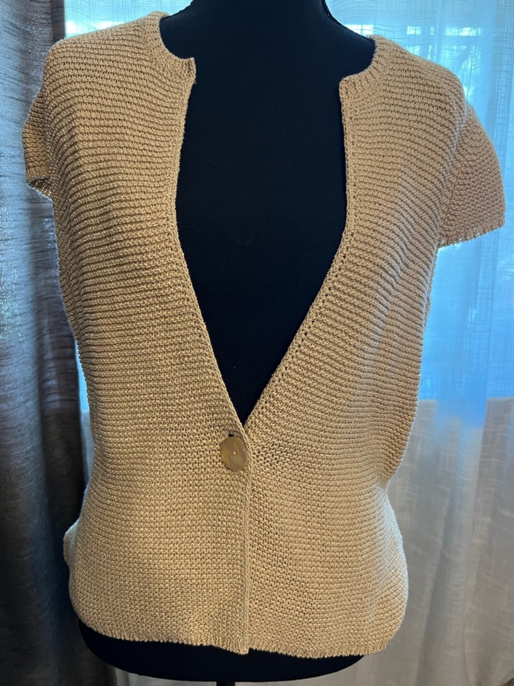 Jones New York Short-Sleeve Open Knit Cardigan in Light Tan